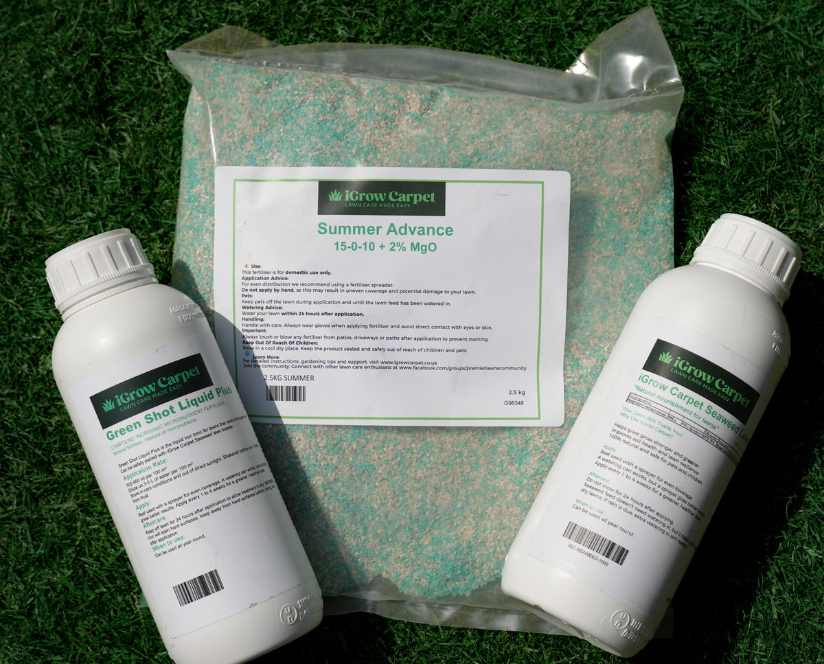 Summer Triple Pack // 2.5kg Summer Feed // Seaweed Booster // Green Shot Liquid Plus - iGrow Carpet