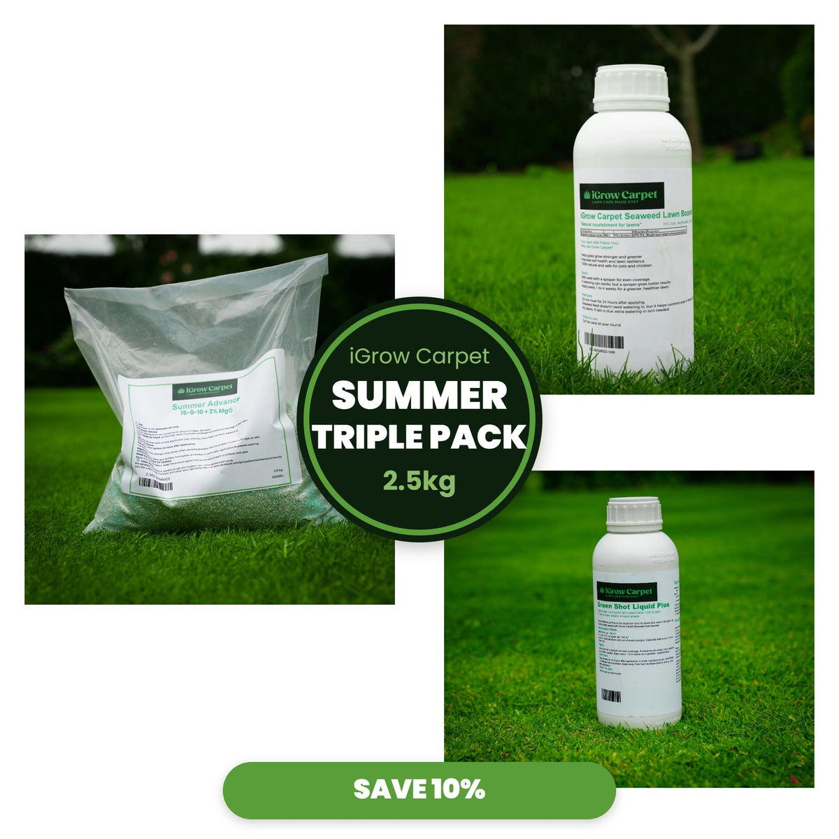 Summer Triple Pack // 2.5kg Summer Feed // Seaweed Booster // Green Shot Liquid Plus - iGrow Carpet