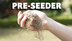 Hand holding a handful of seeds with 'PRE-SEEDER' text above, against a blurred outdoor background.