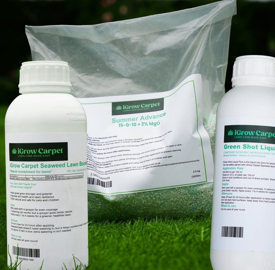 Summer Triple Pack // 2.5kg Summer Feed // Seaweed Booster // Green Shot Liquid Plus - iGrow Carpet